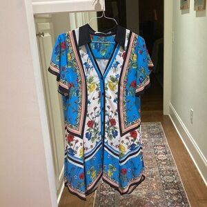 Alice + Olivia Blue Floral Dress with Black Trim